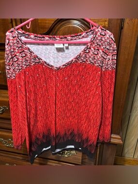 Rafaella Red Black Patterned Long Sleeve V‑Neck Top